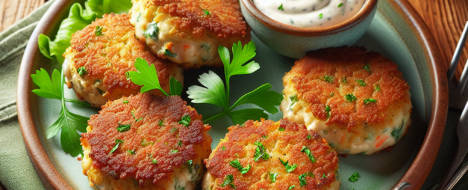 Vegan crab cakes on a plate with aioli.