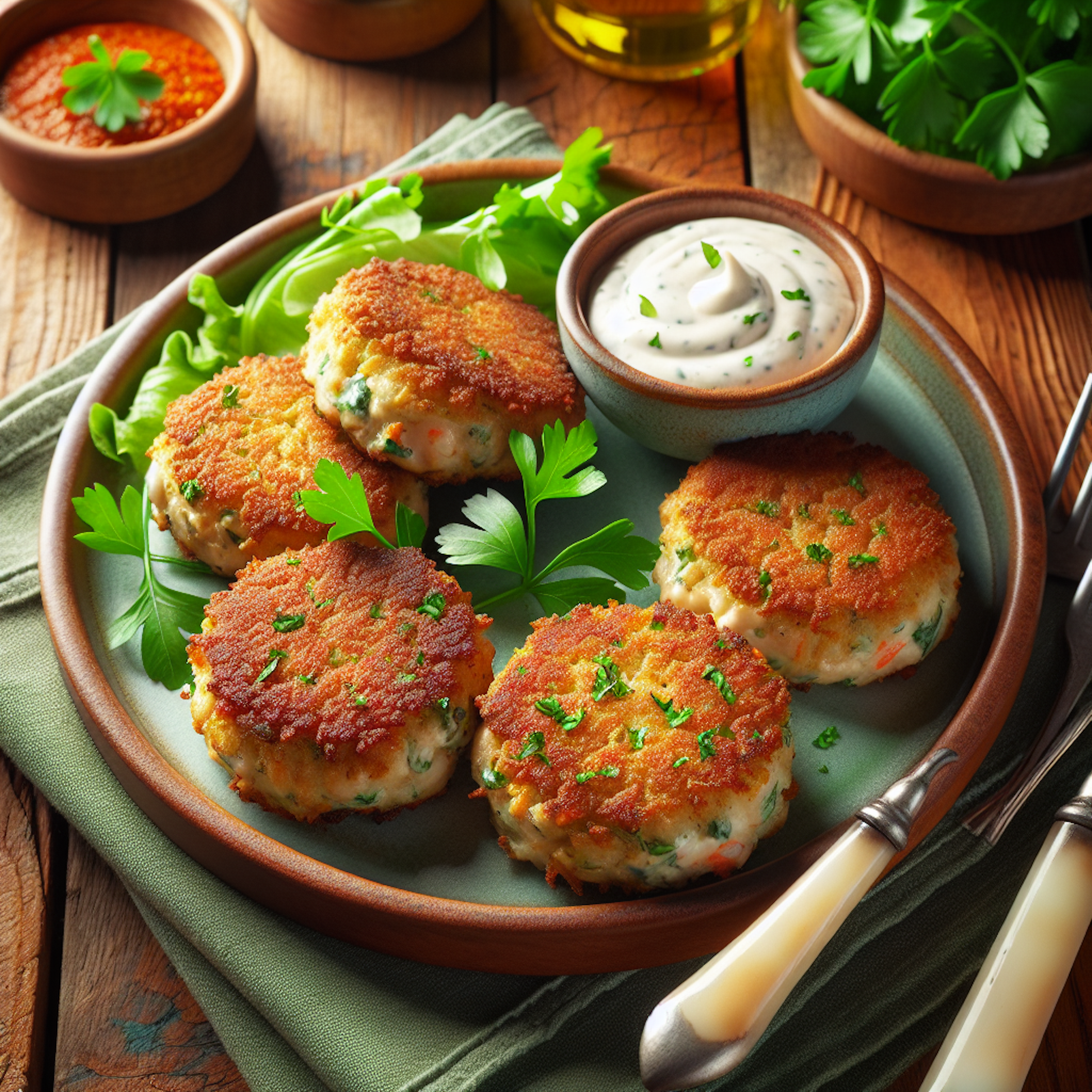 Vegan crab cakes on a plate with aioli.