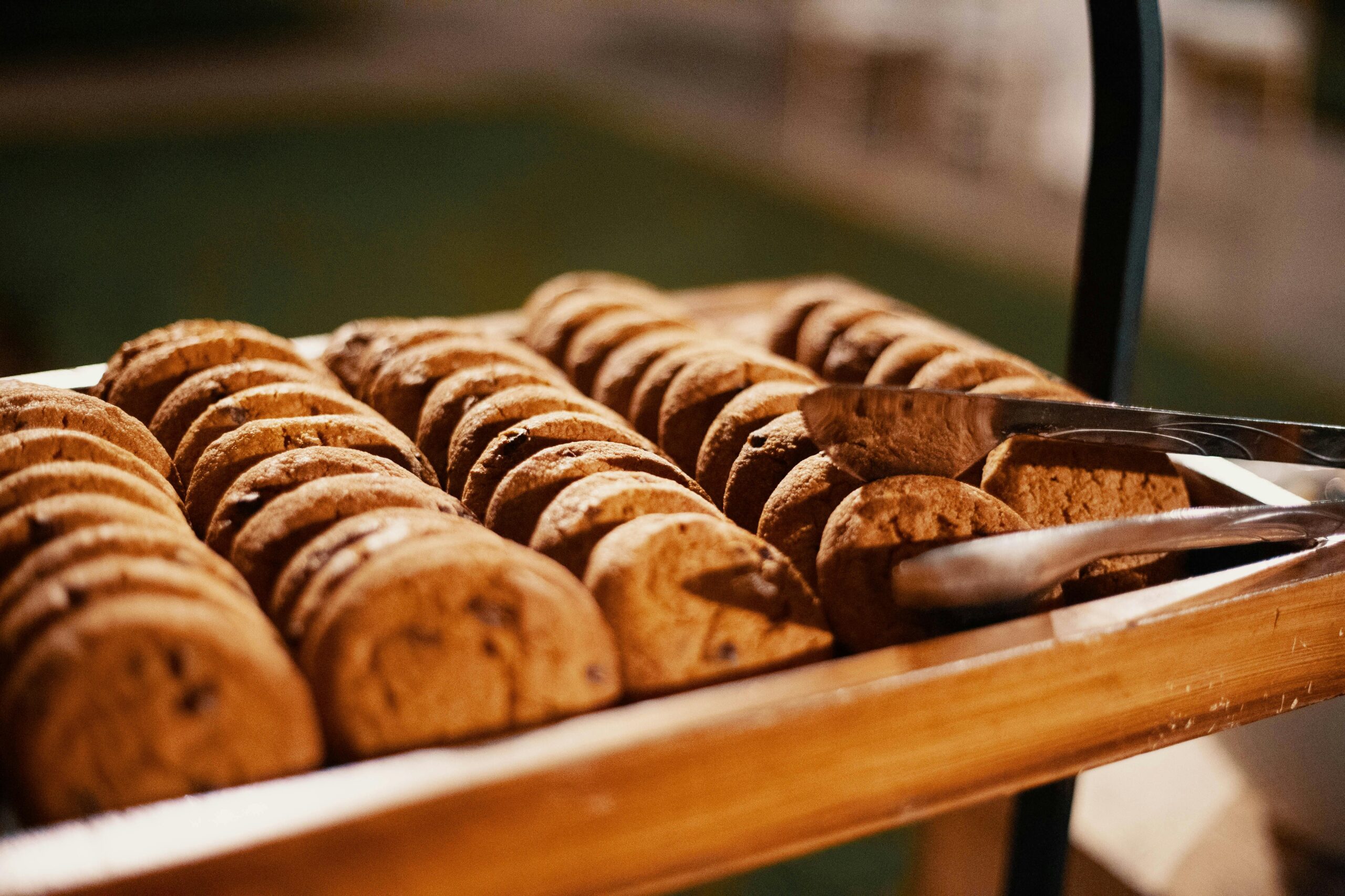 Cookies on a wooden serving tray.